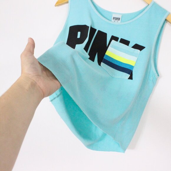 *Pink Blue Muscle Cropped Tank Top - Picture 3 of 6